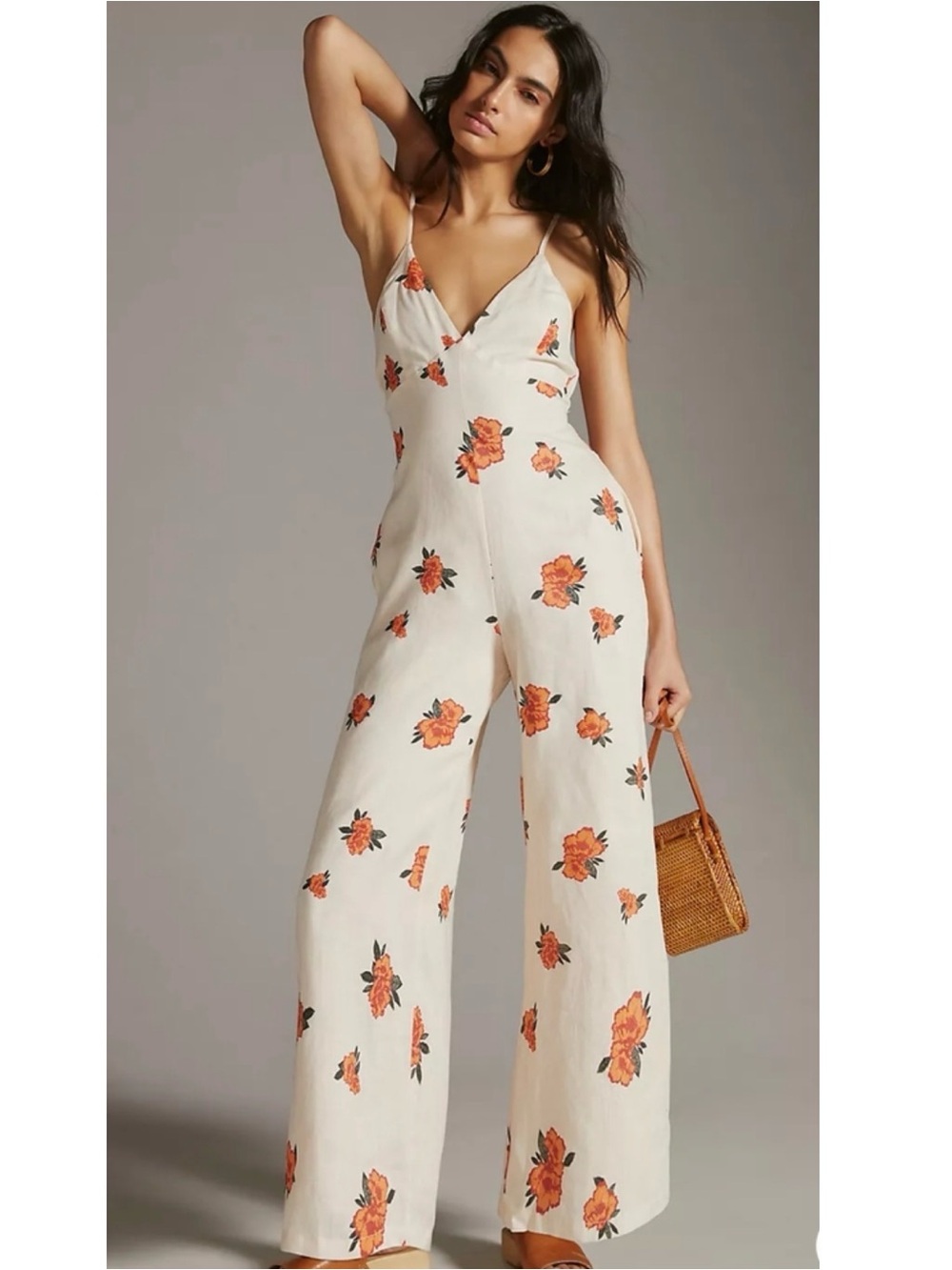 SANCIA Augustin Floral Cream Wide-Leg Jumpsuit with Spaghetti Straps